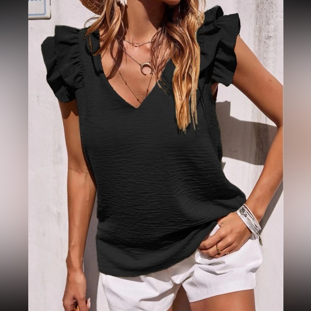 Luxe V neck ruffle trim blouse
